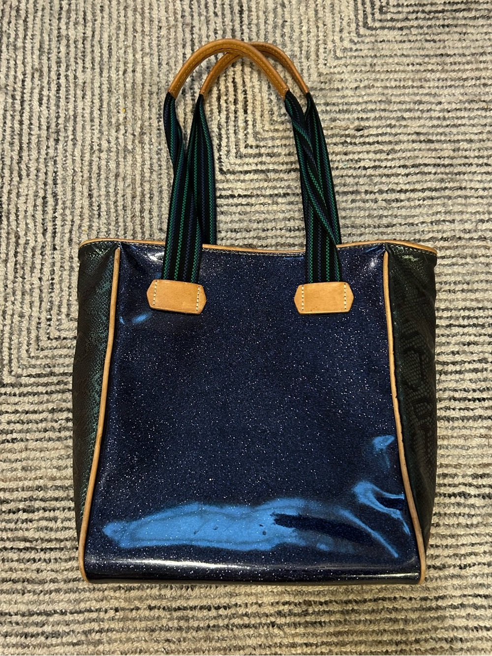 Consuela Jerry Classic Chica Tote Blue Glitter & Snake Print Leather trim